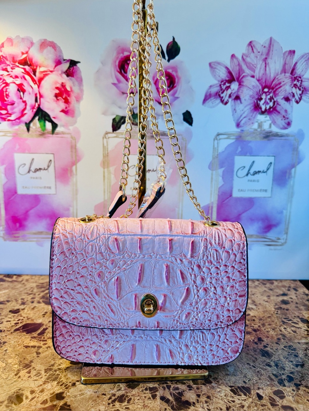 Pink Ombré Croc-Embossed Chain Mini Crossbody Bag NIP